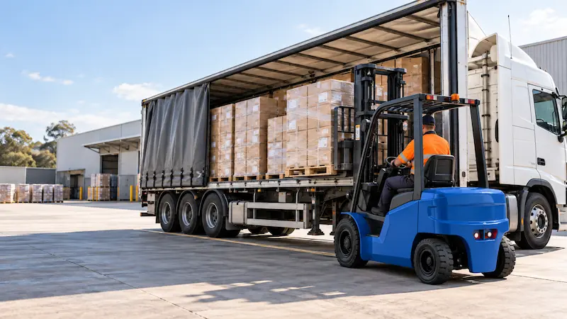 Blue electric forklift loading a trailer