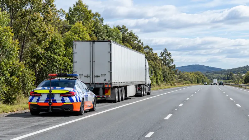 Highway patrol police stopping a truck in NSW, where heavy vehicle drivers must stay under the 0.02 alcohol limit