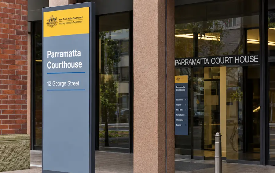Parramatta Local Court entrance sign on George Street