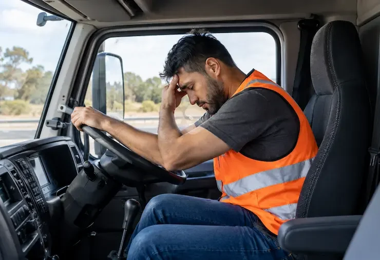 Tired truck driver in a truck cabin in NSW, where heavy vehicle fatigue offences carry fines and demerit points