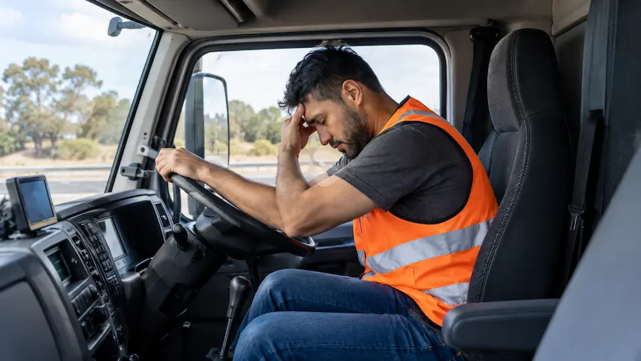 Tired truck driver in a heavy vehicle cabin