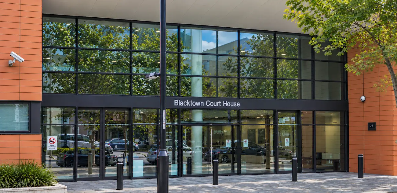Glass entrance of Blacktown Court House on Kildare Road, Blacktown